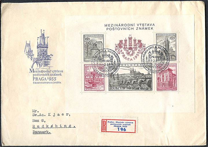 Praga 1955 blok udg. på anbefalet udstillingskuvert annulleret med særstempel i Prag d. 24.9.1955 til Rudkøbing, Danmark.
