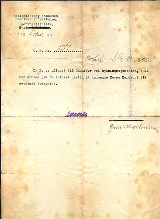 Skrivelse Frederiksberg Kommunes tekniske Forvaltning Rydningstjeneste til C.B. udtaget til chauffør ved Rydningstjenesten under 2. verdenskrig. Folder.