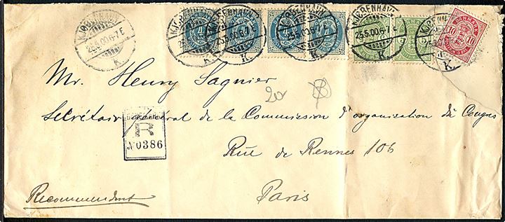 4 øre Tofarvet omv. rm. (4), 5 øre (2) og 10 øre Våben på aflangt anbefalet brev fra Kjøbenhavn d. 25.5.1900 til Paris, Frankrig. Folder.
