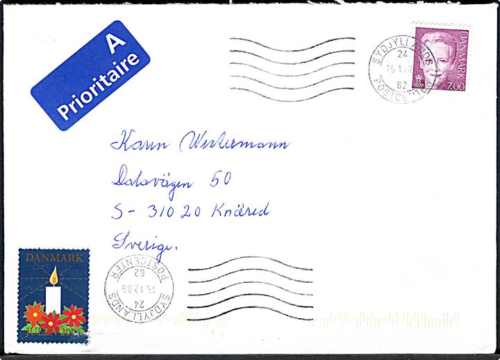 7 kr. Margrethe og Julemærke 2006 på brev fra Kolding stemplet Sydjyllands Postcenter d. 15.12.2006 til Knäred, Sverige.