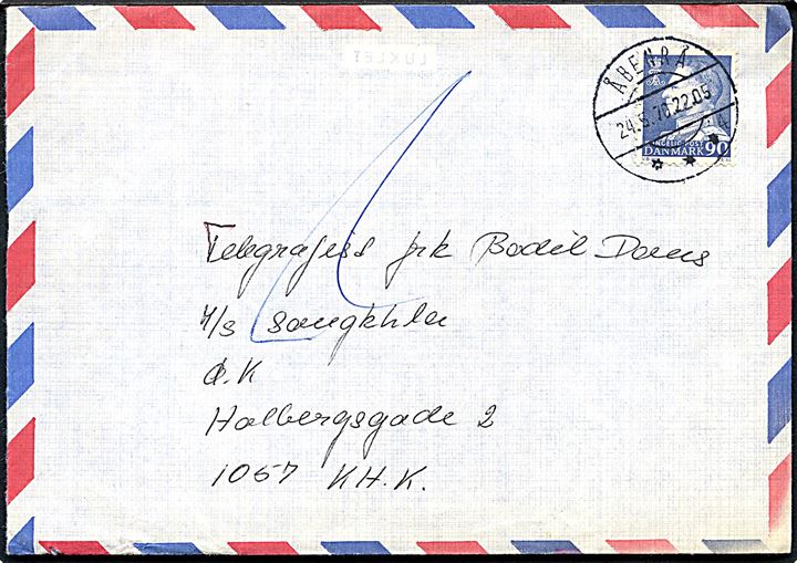 90 øre Fr. IX på luftpostbrev fra Åbenrå d. 24.5.1970 til sømand ombord på M/S Songkhler via rederiet Ø.K. i København - eftersendt til skibet i samlekuvert.