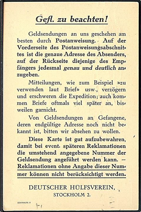10 öre Gustaf på fortrykt brevkort fra Deutscher Hülfsverein i Stockholm d. 7.11.1917 til Flensburg, Tyskland.