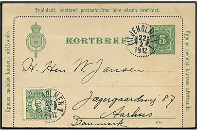 5 öre helsags-korrespondancekort med fuld rand opfrankeret med 5 öre Gustaf stemplet Liljeholmen 1 d. 22.2.1912 til Aarhus, Danmark. På bagsiden stempel: Statens Järnvägar Ilgodsexpeditionen Liljeholmen.