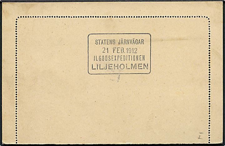 5 öre helsags-korrespondancekort med fuld rand opfrankeret med 5 öre Gustaf stemplet Liljeholmen 1 d. 22.2.1912 til Aarhus, Danmark. På bagsiden stempel: Statens Järnvägar Ilgodsexpeditionen Liljeholmen.