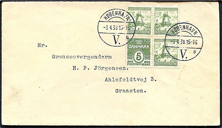 5 øre Bølgelinie og 5+5 øre Dybbøl Mølle i sammentrykt fireblok på brev fra København d. 8.4.1938 til Grænseovergendarm i Graasten.