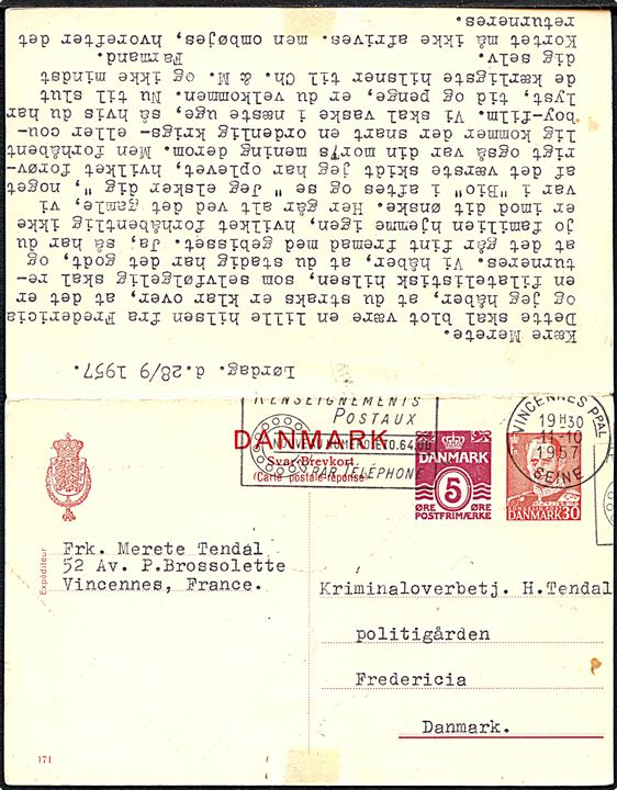 5+30 øre provisorisk helsags dobbeltbrevkort (fabr. 171) fra Fredericia d. 28.9.1957 til Vincennes, Frankrig og tilbagesendt fra Vincennes d. 11.10.1957 til Fredericia.