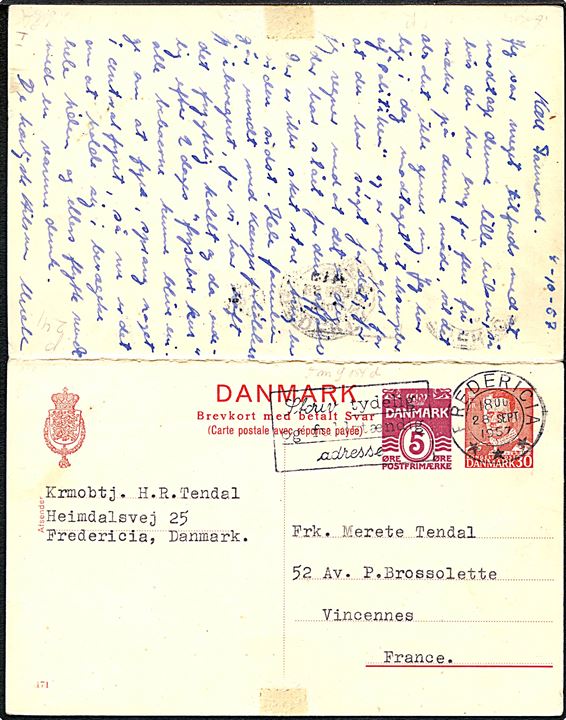 5+30 øre provisorisk helsags dobbeltbrevkort (fabr. 171) fra Fredericia d. 28.9.1957 til Vincennes, Frankrig og tilbagesendt fra Vincennes d. 11.10.1957 til Fredericia.