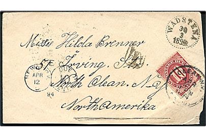 Ufrankeret brev fra Wadstena d. 30.3.1894 til North Olean, New York, USA. Sort T-stempel og udtakseret i amerikansk porto med 10 cents Portomærke stemplet Olean, N.Y. d. 20.4.1894.