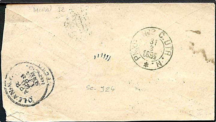 Ufrankeret brev fra Wadstena d. 30.3.1894 til North Olean, New York, USA. Sort T-stempel og udtakseret i amerikansk porto med 10 cents Portomærke stemplet Olean, N.Y. d. 20.4.1894.