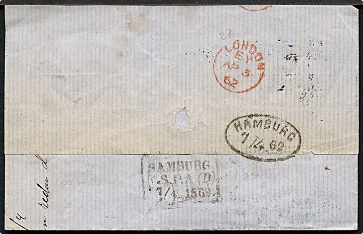 1862. Ufrankeret brev fra Newcastle on Tyne d. 4.4.1862 påskrevet via Ostend via London, Hamburg og Hamburg K.S.P.A. (D) d. 7.4.1862 til Stockholm. Sort 108 öre portostempel. 