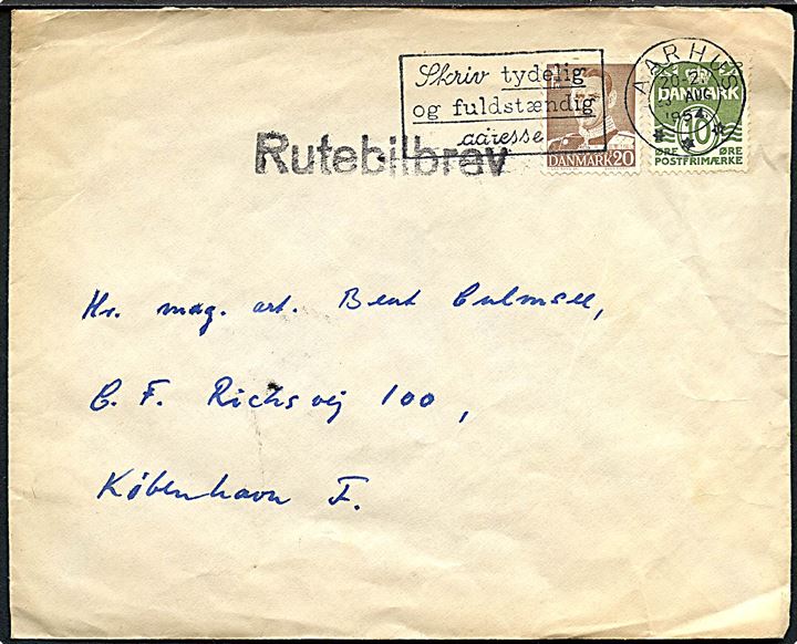 10 øre Bølgelinie og 20 øre Fr. IX på brev stemplet Aarhus d. 23.8.1954 og sidestemplet Rutebilbrev til København.