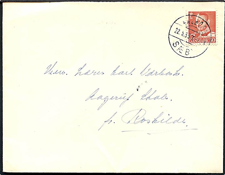 30 øre Fr. IX på brev fra Sæby annulleret med bureaustempel Aalborg - Sæby T.?4 d. 22.5.1953 til Roskilde.
