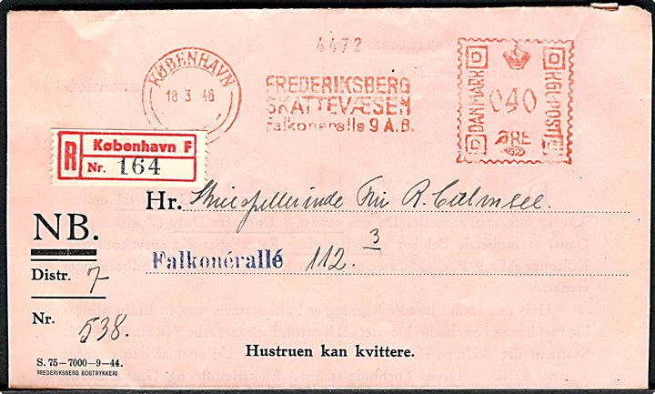 40 øre firmafranko på anbefalet korrespondancekort sendt lokalt fra Frederiksberg Skattevæsen København d. 18.3.1946.