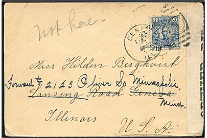 20 öre Gustaf på brev fra Trehörna d. 11.3.1919 til Geneva, Illinois, USA - eftersendt til Minneapolis. Åbnet af britisk censur no. 5356.