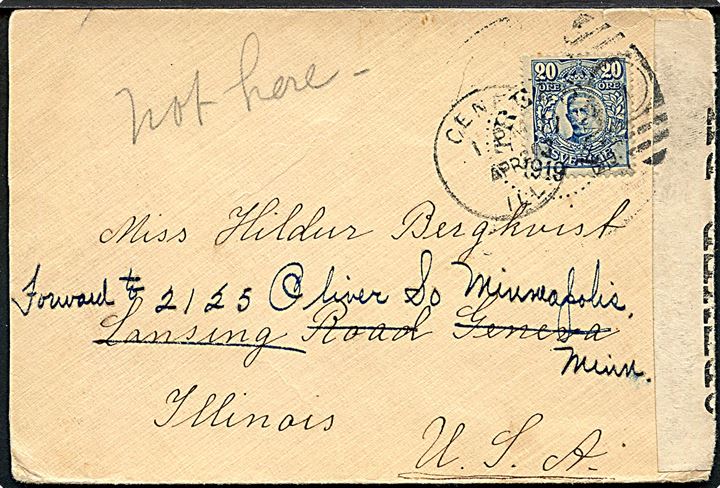 20 öre Gustaf på brev fra Trehörna d. 11.3.1919 til Geneva, Illinois, USA - eftersendt til Minneapolis. Åbnet af britisk censur no. 5356.