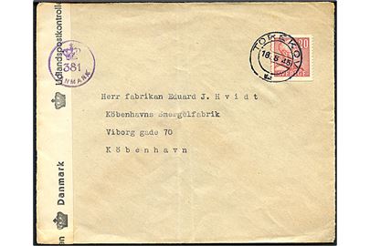 20 öre Gustaf på brev fra Torekov d. 18.8.1945 til København, Danmark. Åbnet af dansk efterkrigscensur (krone)/381/Danmark.