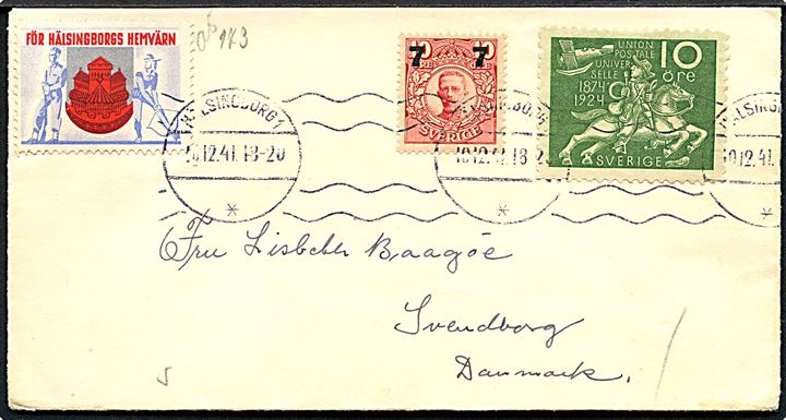 7/10 øre Provisorium og 10 öre UPU på brev med Hälsingborg Hemvärn mærkat fra Hälsingborg d. 10.12.1941 til Svendborg, Danmark. Censureret i København.