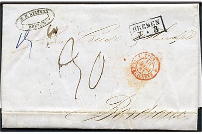 1851. Ufrankeret brev med rammestempel Bremen d. 7.3.1851 via bureau Berlin-Minden til Bordeaux, Frankrig. Rødt grænsestempel og franske portopåtegninger.