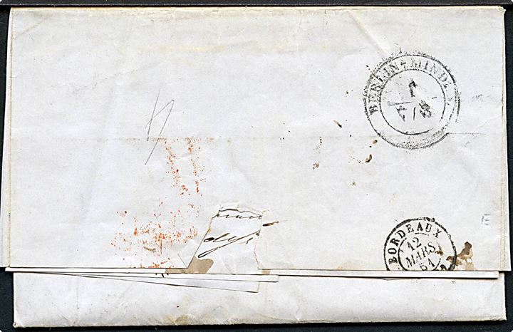1851. Ufrankeret brev med rammestempel Bremen d. 7.3.1851 via bureau Berlin-Minden til Bordeaux, Frankrig. Rødt grænsestempel og franske portopåtegninger.