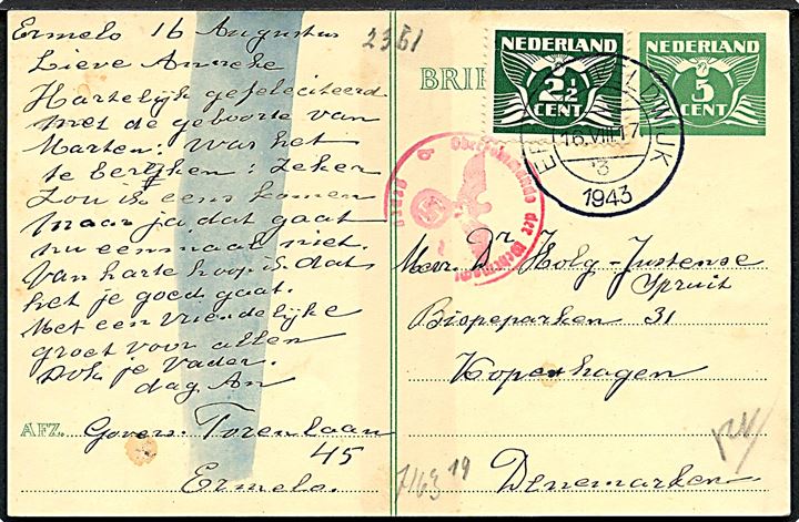 5 c. helsagsbrevkort med 5 c. fra Ermelo - Veldvijk d. 16.8.1943 til København, Danmark. Tysk censur fra Berlin med streger efter kemisk censur.