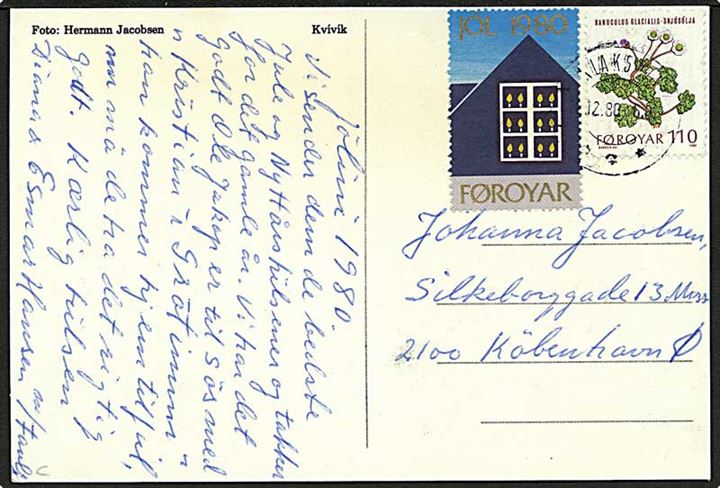 1,10 kr. Fjeldblomst og Julemærke 1980 på brevkort fra Klaksvik d. 18.12.1980 til København.