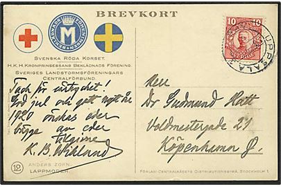 10 öre Gustaf på officielt Landstorm brevkort Lappekvinde med barn fra Uppsala d. 19.12.1919 til København, Danmark.