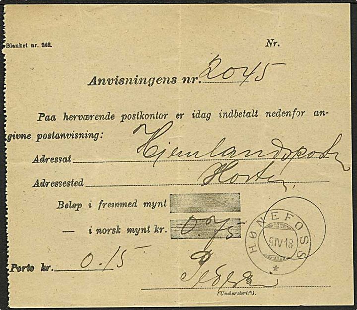 Kvittering for indbetaling stemplet Hønefoss d. 9.4.1918,