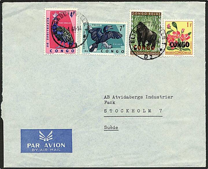 13 fr. blandingsfrankeret luftpostbrev fra Elisabethville d. 24.4.1964 til Stockholm, Sverige.
