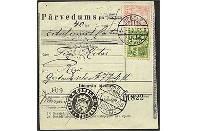 10 s. og 20 s. Våben på postanvisning stemplet Dobele d. 9.11.1933 til Riga.