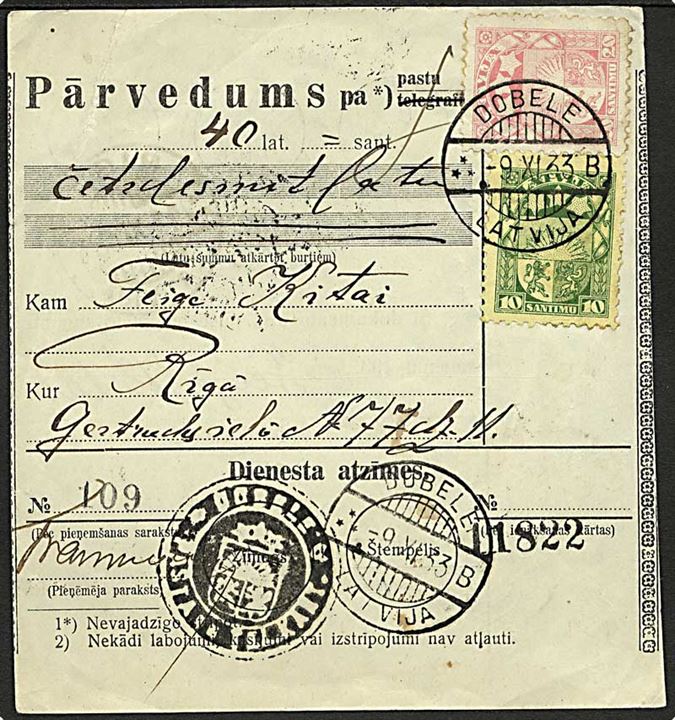 10 s. og 20 s. Våben på postanvisning stemplet Dobele d. 9.11.1933 til Riga.