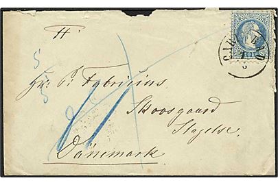 10 kr. Franz Joseph single på brev fra Carlsbad d. 7.5.18xx til Skovgaard pr. Slagelse. 