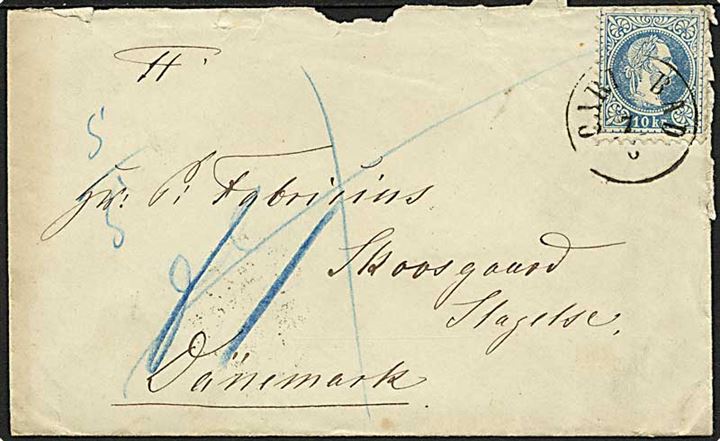 10 kr. Franz Joseph single på brev fra Carlsbad d. 7.5.18xx til Skovgaard pr. Slagelse. 