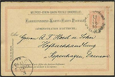 5 kr. Franz Joseph spørgedel af dobbelt helsagsbrevkort fra Prag d. 11.11.1895 til København, Danmark.