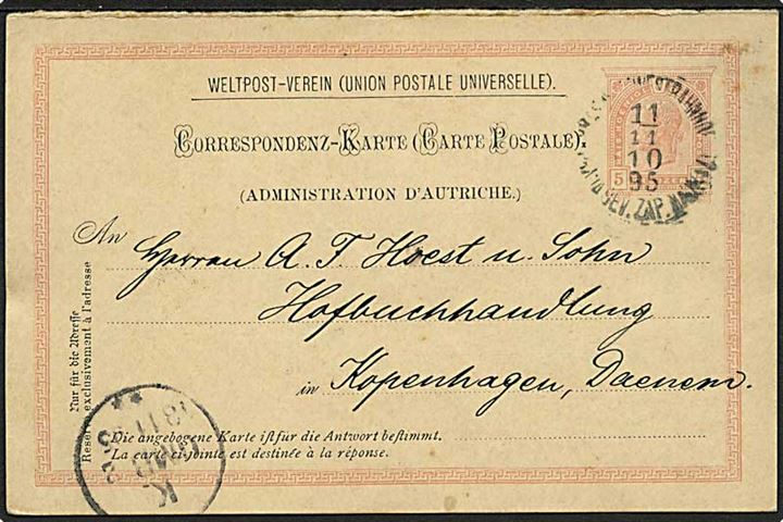 5 kr. Franz Joseph spørgedel af dobbelt helsagsbrevkort fra Prag d. 11.11.1895 til København, Danmark.