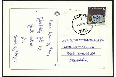 20 den. single på brevkort fra Skopje d. 4.12.1997 til Haderslev, Danmark.