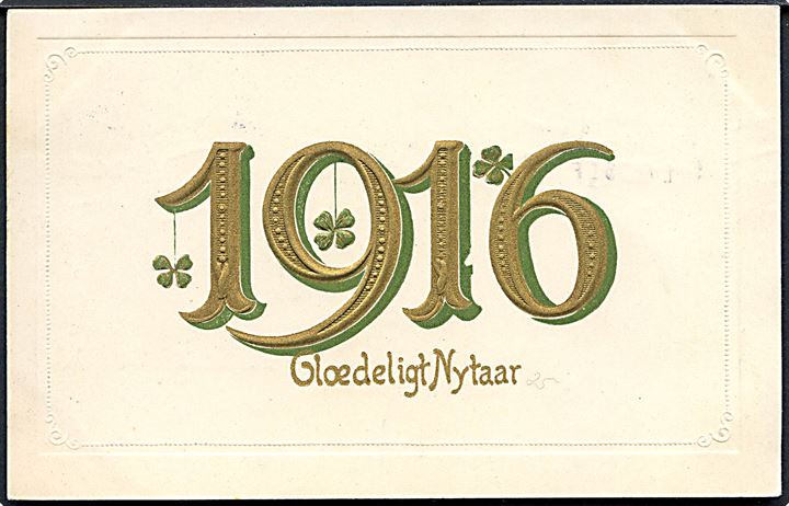 Årstalskort 1916. Glædeligt Nytaar. Guldtryk. U/no. Prægekort. 