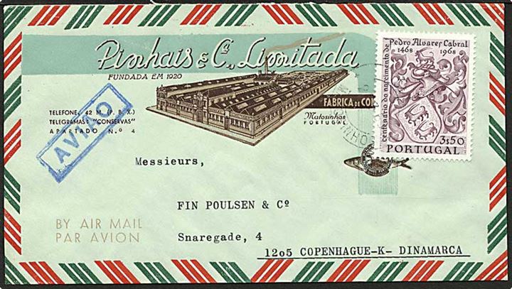 3$50 Pedro Alvarer Cabral single på luftpostbrev fra Matosinhas 1968 til København, Danmark.