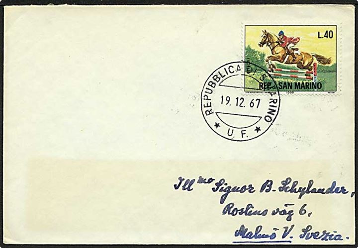 40 L. Ridesport single på brev fra San Marino d. 19.12.1967 til Malmö, Sverige.
