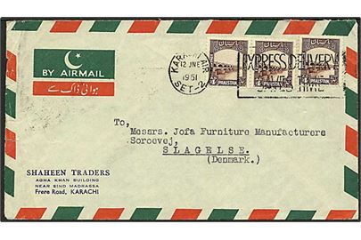 4 As. (3) og 9 Ps. (3) på for- og bagside af luftpostbrev fra Karachi d. 12.6.1951 til Slagelse, Danmark.