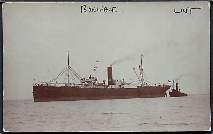 Boniface, S/S, Booth Steamship Co., Ltd., Liverpool. Sænket af tysk ubåd U 53 d. 23.8.1917 på rejse fra New York til Clyde. Fotokort u/no.