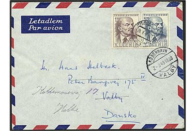 1,50 kc og 5 kc. Lenin på luftpostbrev fra Prag d. 28.2.1949 til Valby, Danmark - eftersendt til Holte.
