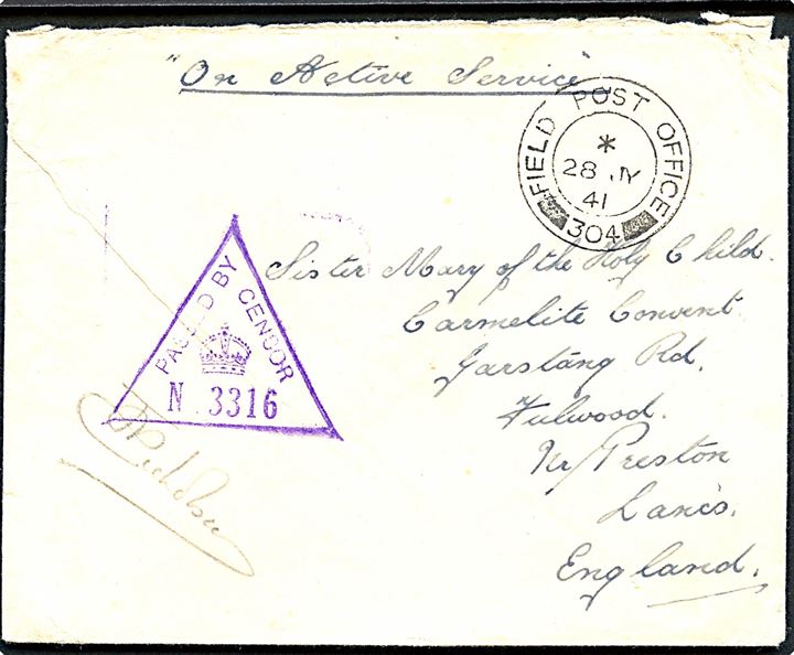 Ufrankeret On Active Service feltpostbrev med feltpoststempel Field Post Office 304 (= Akureyri) d. 28.7.1941 til England. Violet unit censor no. 3316.