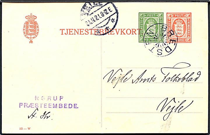 10+5 øre provisorisk helsags tjenestebrevkort (fabr. 53-W) fra Nørup Præsteembede annulleret med stjernestempel BREDSTEN og sidestemplet Veile d. 21.11.1921 til Vejle.