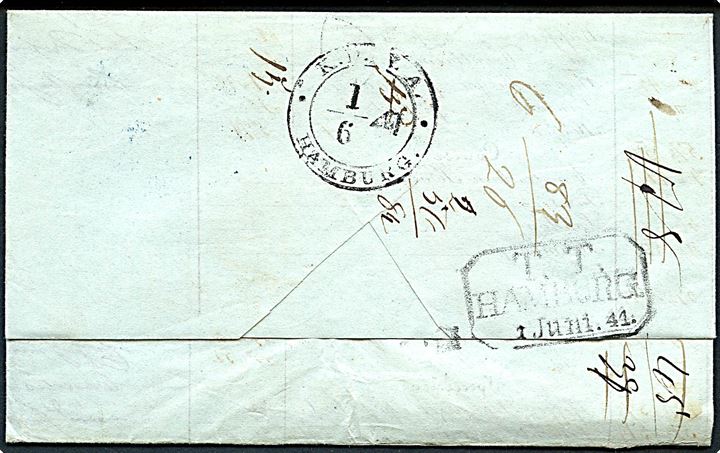1841. Portobrev med rødt stempel Anvers d. 20.5.1841 via K.D.P.A. Hamburg d. 1.6.1841 og rammestempel T.T. Hamburg til Mandal, Norge.