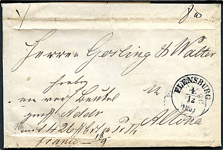 1851. Pakkefølgebrev for værdipakke med antiqua Flensburg d. 4.12.1851 til Altona.