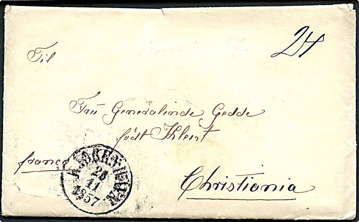 1857. Francobrev påskrevet 24 sk. med antiqua Kjøbenhavn d. 25.11.1857 til Christiania, Norge.