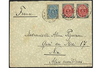 4 øre og 8 øre (2) Tofarvet på brev annulleret med lapidar stempel Skjørping d. 17.12.1887 til Nice, Frankrig.