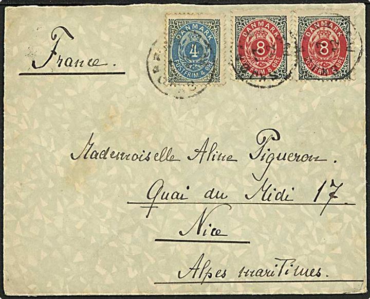 4 øre og 8 øre (2) Tofarvet på brev annulleret med lapidar stempel Skjørping d. 17.12.1887 til Nice, Frankrig.
