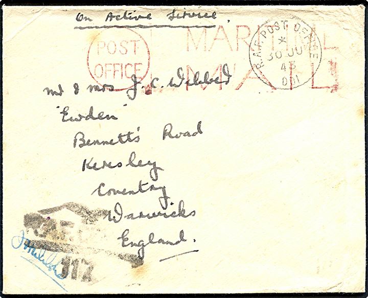 Ufrankeret On Active Service feltpostbrev stemplet R.A.F. Post Office 001 (= Reykjavik) d. 30.6.1943 til England. Rødt skibsstempel Post Office / Maritime Mail og sort RAF unit censur R.A.F. Censor 117.