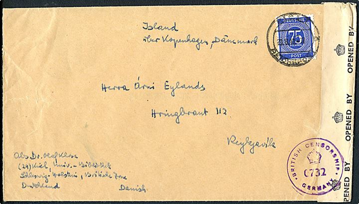 75 pfg. på aflangt brev fra Kiel d. 29.8.1947 til Reykjavik, Island. Påskrevet Island via Kopenhagen, Dänemark. Åbnet af britisk efterkrigscensur i Tyskland.
